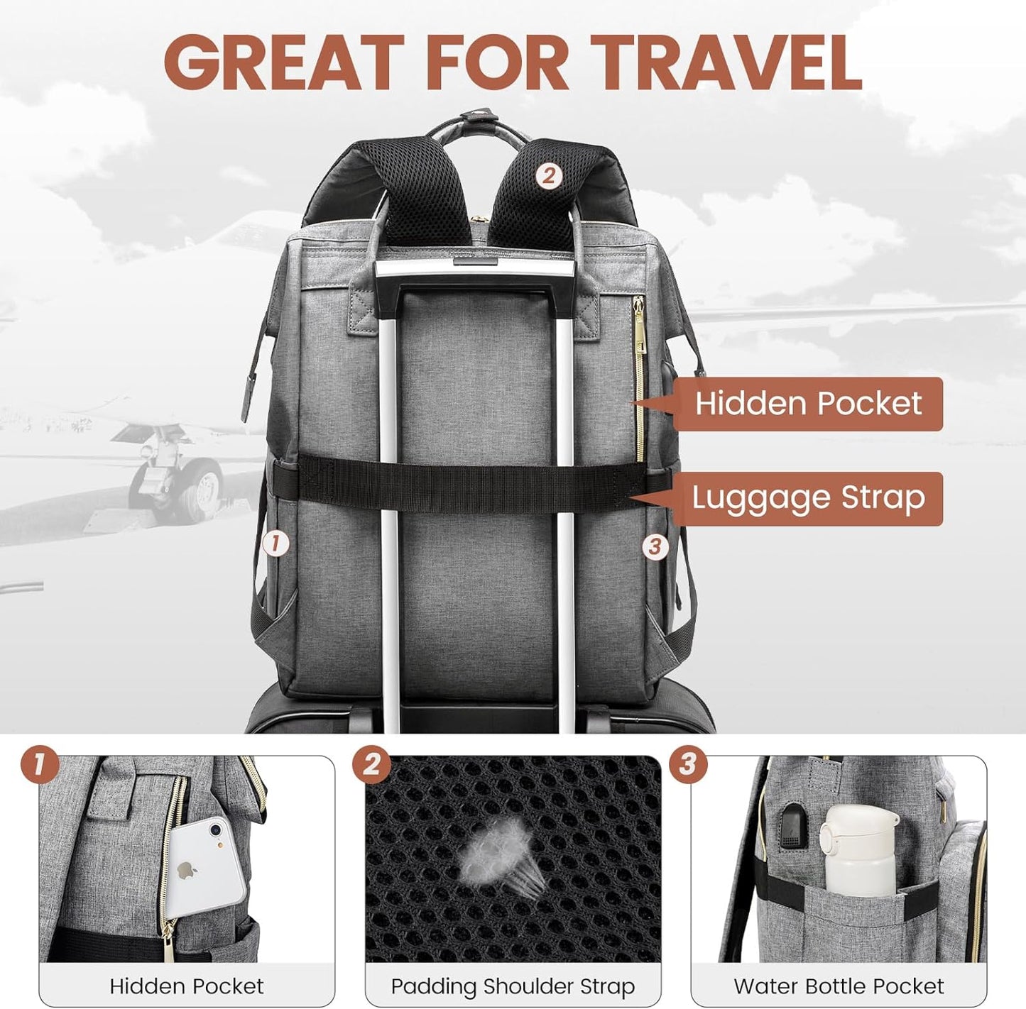Laptop Backpack for Women,15.6 Inch Professional Womens Travel Backpack Purse Computer Laptop Bag Nurse Teacher Backpack,Waterproof College Work Bags Carry on Back Pack with USB Port,Grey
