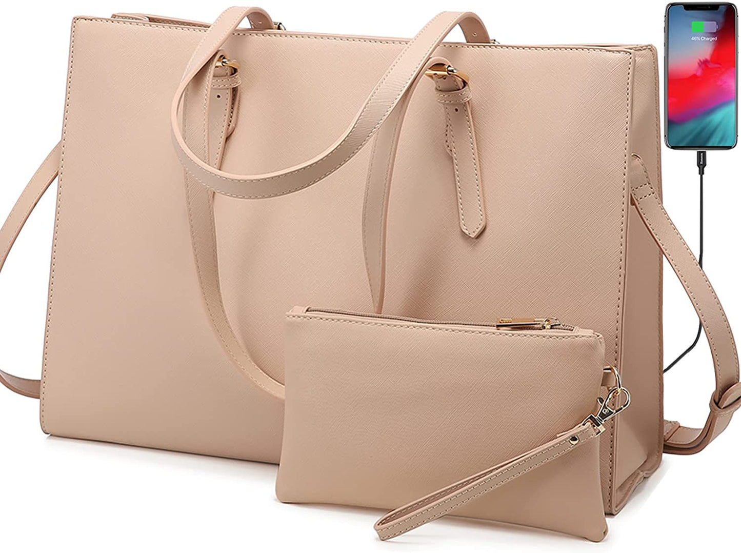 Laptop Bag for Women, Fashion Computer Tote Bag Large Capacity Handbag, Leather Shoulder Bag Purse Set, Professional Business Work Briefcase for Office Lady, 2Pcs, 15.6-Inch, Nude Pink