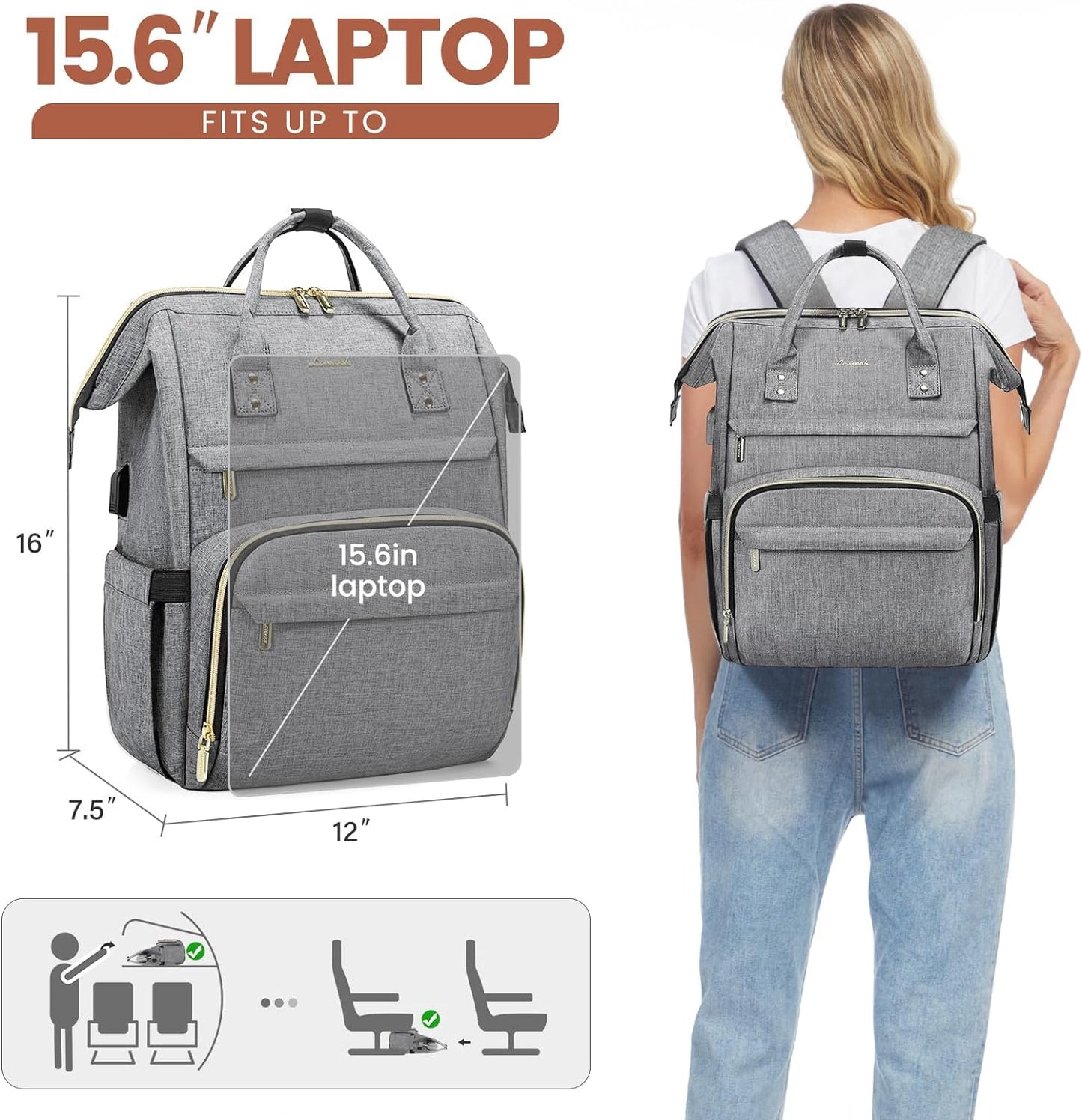 Laptop Backpack for Women,15.6 Inch Professional Womens Travel Backpack Purse Computer Laptop Bag Nurse Teacher Backpack,Waterproof College Work Bags Carry on Back Pack with USB Port,Grey