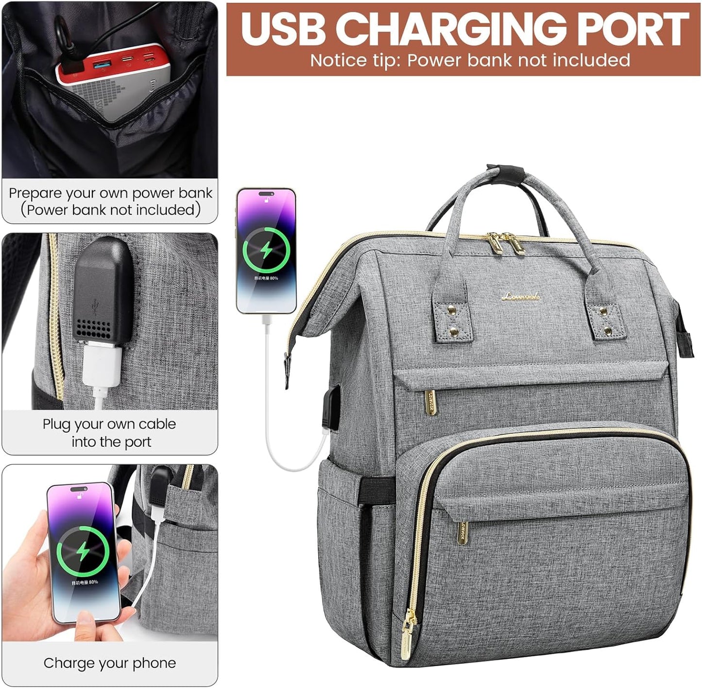 Laptop Backpack for Women,15.6 Inch Professional Womens Travel Backpack Purse Computer Laptop Bag Nurse Teacher Backpack,Waterproof College Work Bags Carry on Back Pack with USB Port,Grey