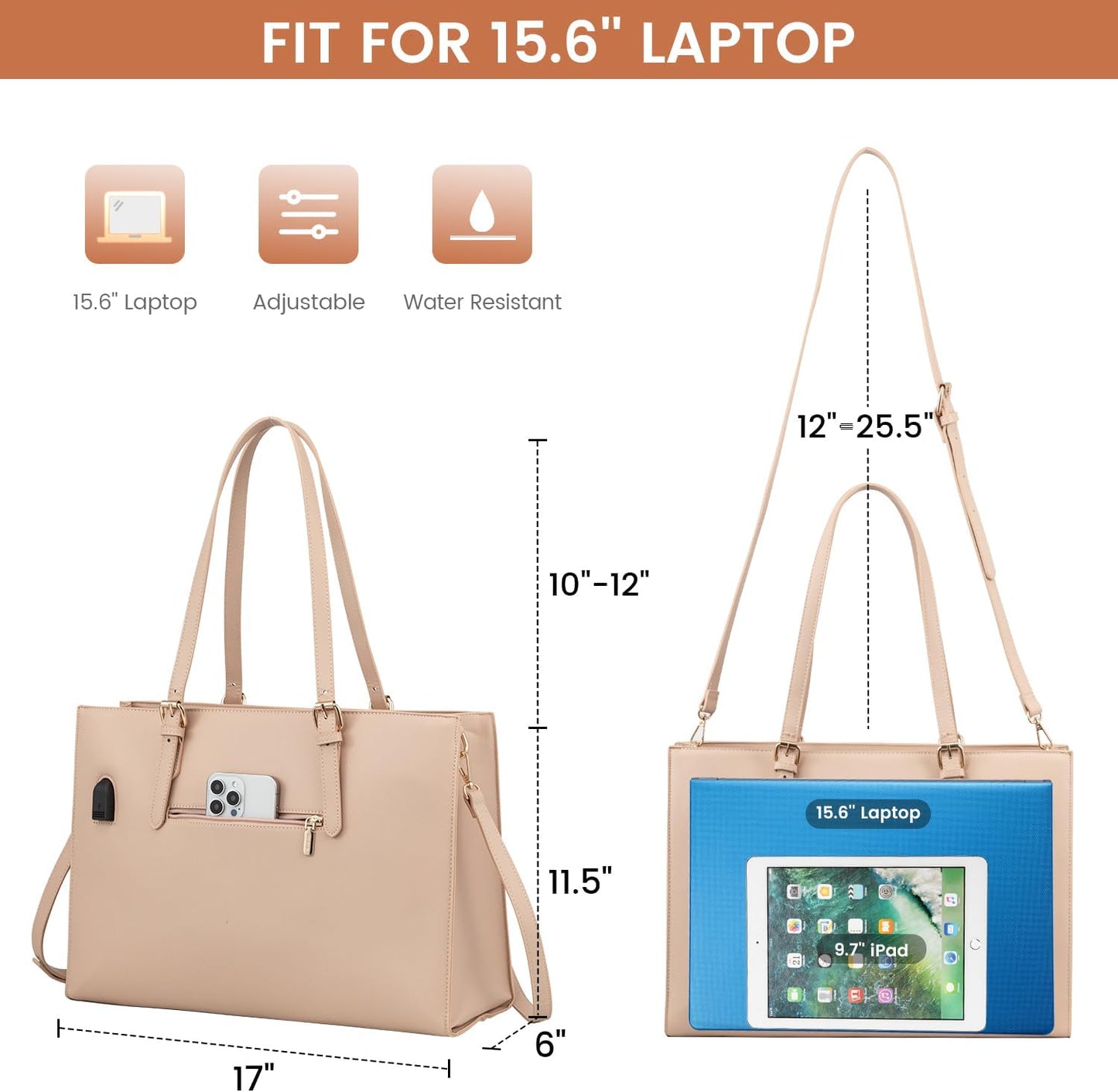 Laptop Bag for Women, Fashion Computer Tote Bag Large Capacity Handbag, Leather Shoulder Bag Purse Set, Professional Business Work Briefcase for Office Lady, 2Pcs, 15.6-Inch, Nude Pink