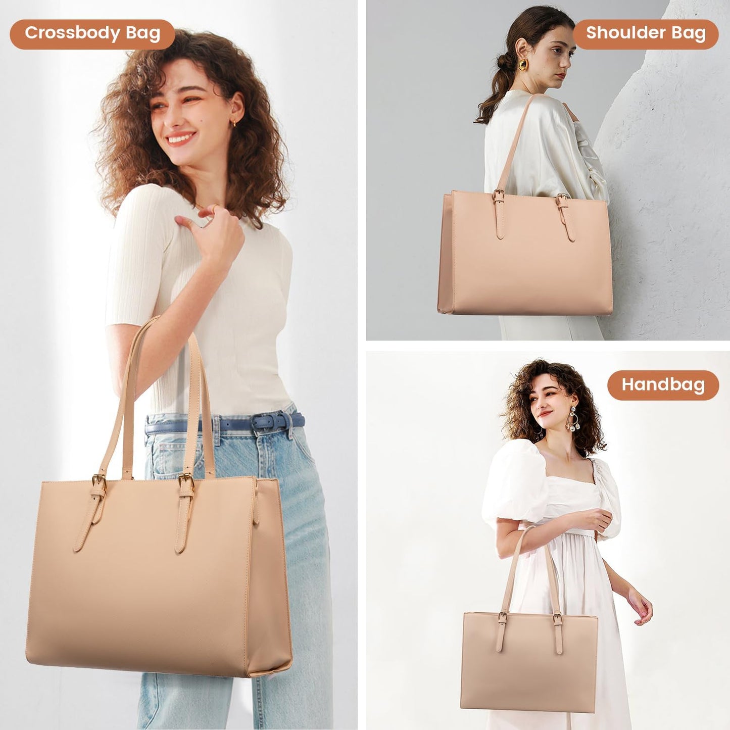 Laptop Bag for Women, Fashion Computer Tote Bag Large Capacity Handbag, Leather Shoulder Bag Purse Set, Professional Business Work Briefcase for Office Lady, 2Pcs, 15.6-Inch, Nude Pink