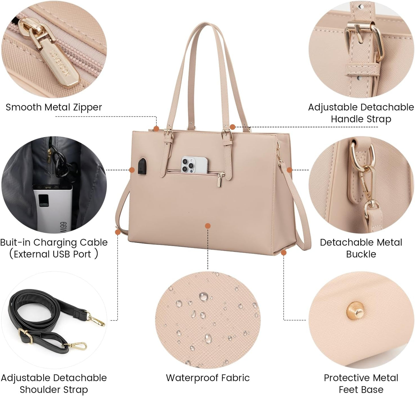 Laptop Bag for Women, Fashion Computer Tote Bag Large Capacity Handbag, Leather Shoulder Bag Purse Set, Professional Business Work Briefcase for Office Lady, 2Pcs, 15.6-Inch, Nude Pink