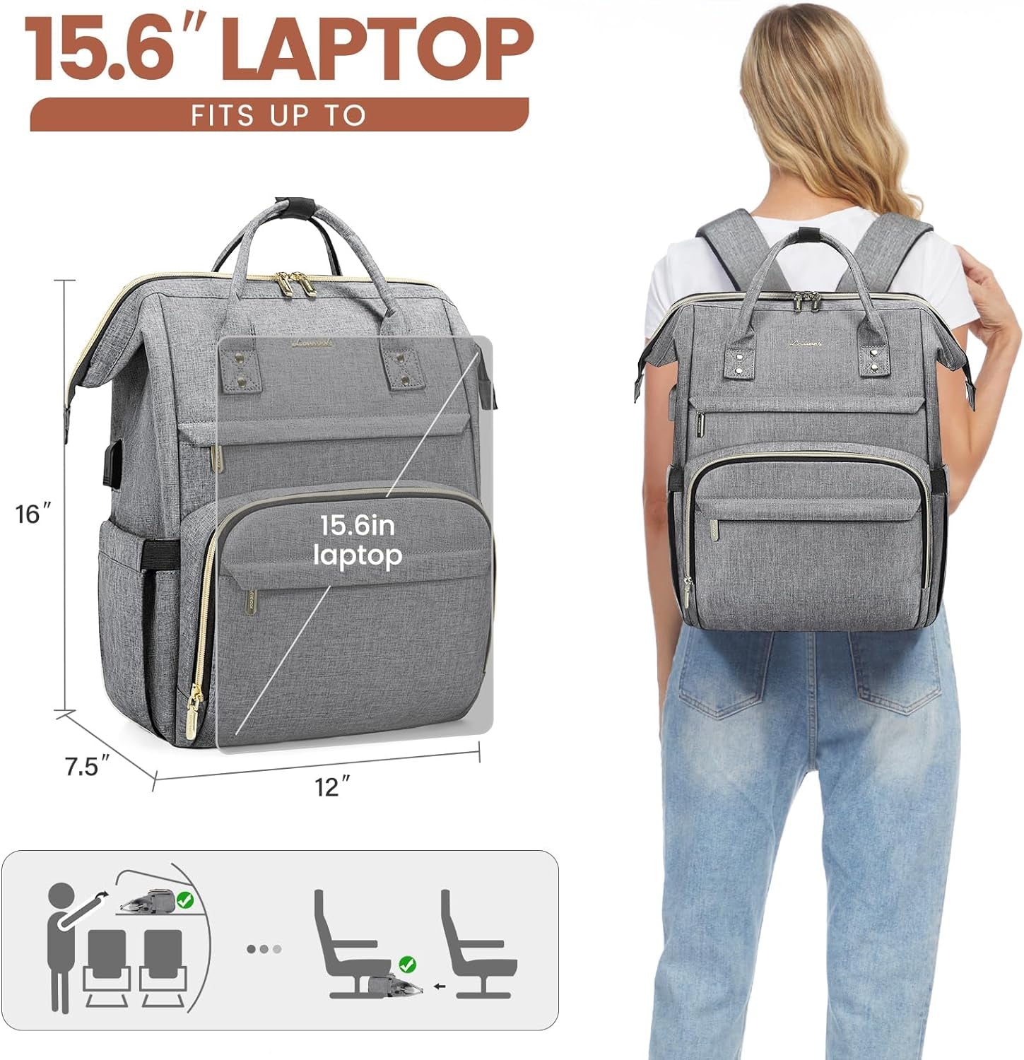 Laptop Backpack for Women,15.6 Inch Professional Womens Travel Backpack Purse Computer Laptop Bag Nurse Teacher Backpack,Waterproof College Work Bags Carry on Back Pack with USB Port,Grey
